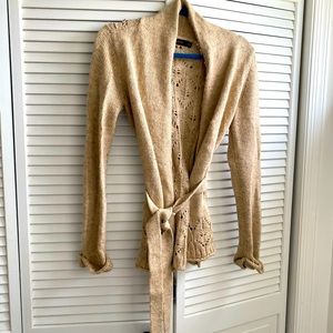 Tan belted sweater with beautiful unique back